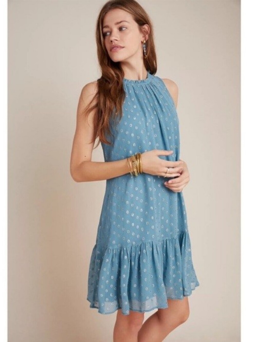 Anthropologie Natalie Flounce Blue Sleeveless Metallic Dot Mini Dress Size Large